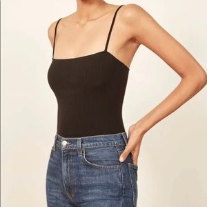Reformation Black Crystal Stripe Ribbed Knit Square Neck Bodysuit